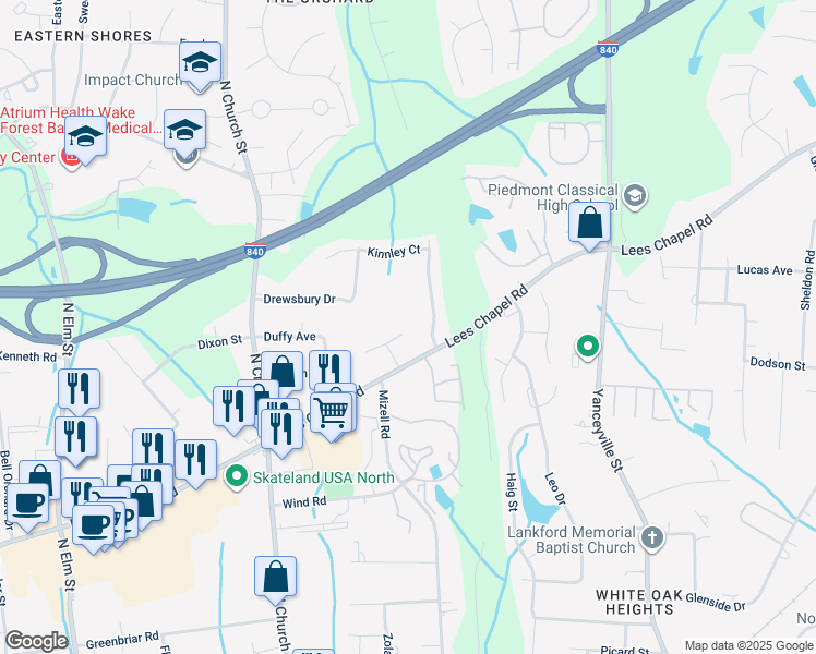 map of restaurants, bars, coffee shops, grocery stores, and more near 14 Spring Chapel Court in Greensboro