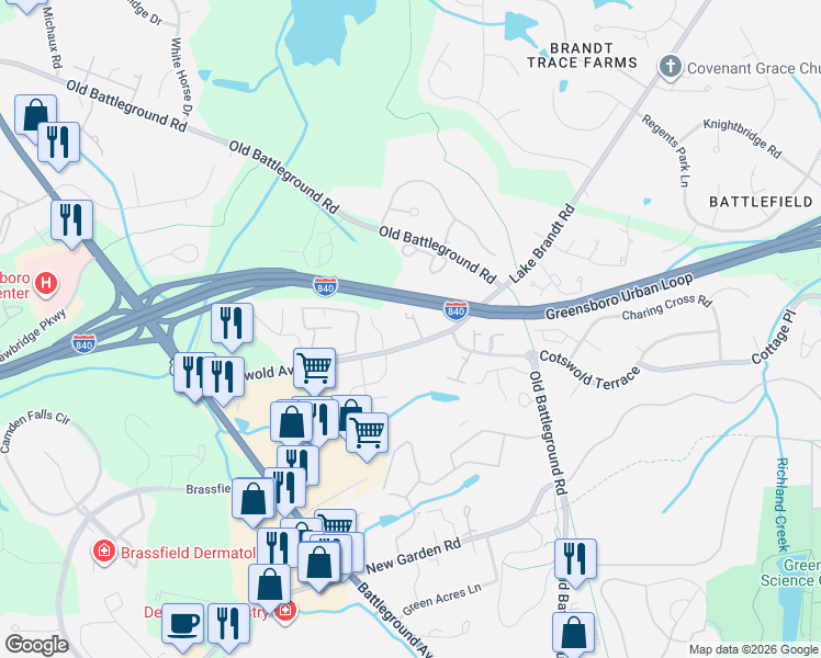 map of restaurants, bars, coffee shops, grocery stores, and more near 3698 Cotswold Avenue in Greensboro