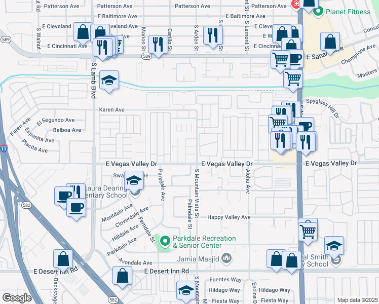 map of restaurants, bars, coffee shops, grocery stores, and more near 4561 Carriage Park Drive in Las Vegas