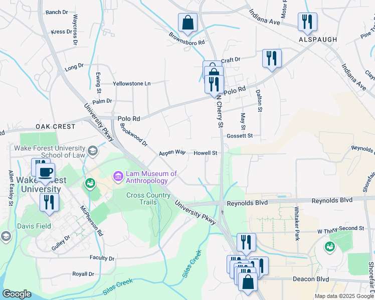 map of restaurants, bars, coffee shops, grocery stores, and more near 1002 Aspen Trail in Winston-Salem