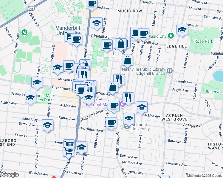 map of restaurants, bars, coffee shops, grocery stores, and more near 1611a 17th Avenue South in Nashville