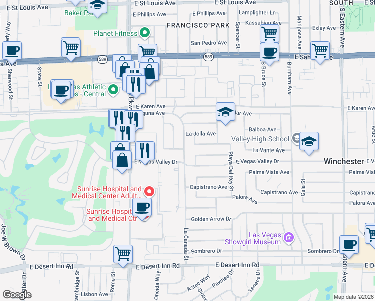 map of restaurants, bars, coffee shops, grocery stores, and more near 2854 La Canada Street in Las Vegas