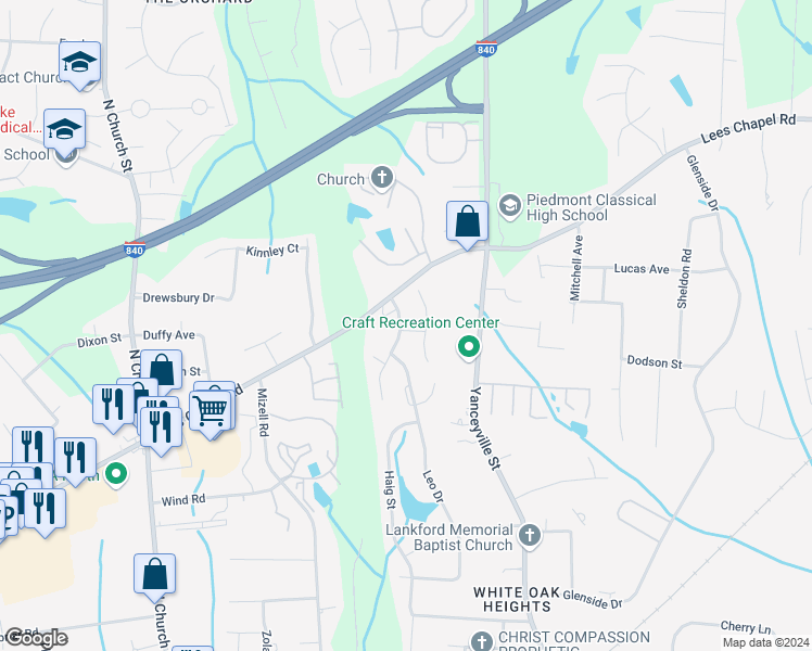 map of restaurants, bars, coffee shops, grocery stores, and more near 1301 Craven Street in Greensboro
