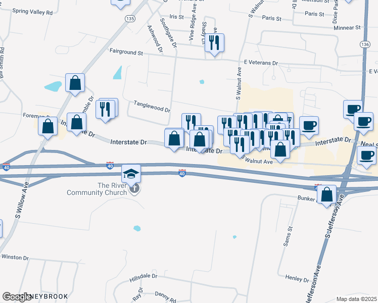 map of restaurants, bars, coffee shops, grocery stores, and more near 1450 Interstate Drive in Cookeville