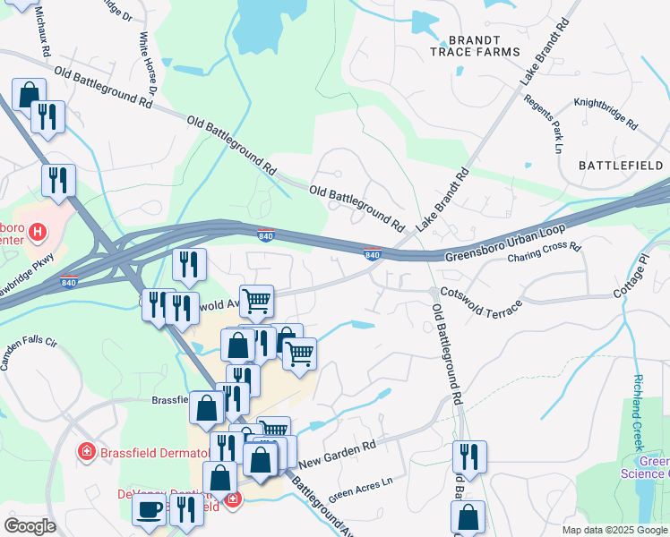 map of restaurants, bars, coffee shops, grocery stores, and more near 3698 Cotswold Avenue in Greensboro