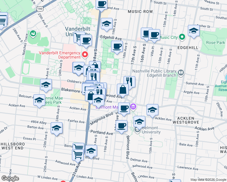 map of restaurants, bars, coffee shops, grocery stores, and more near 1614 19th Avenue South in Nashville