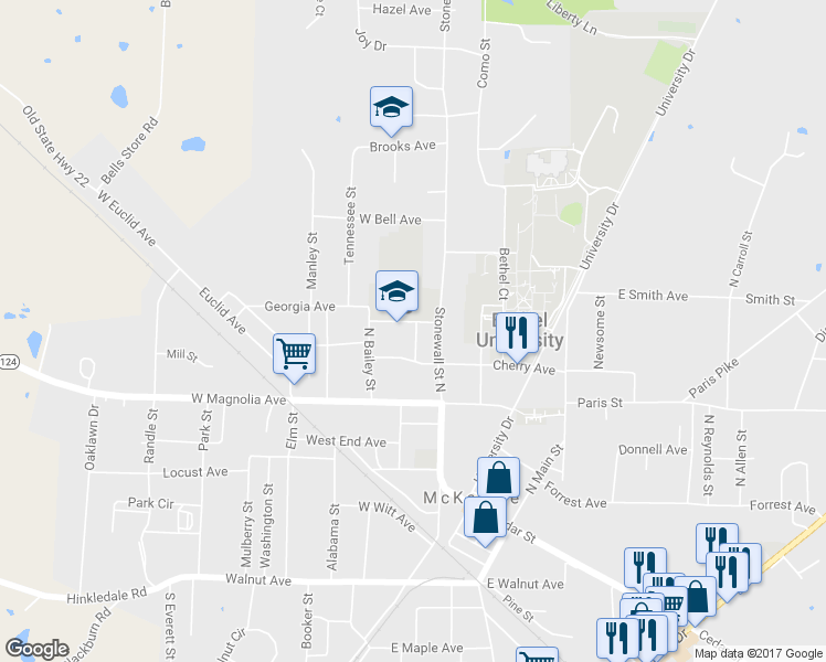 map of restaurants, bars, coffee shops, grocery stores, and more near 55 Woodrow Avenue in McKenzie