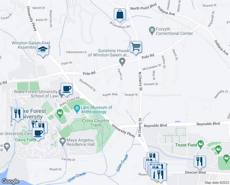 map of restaurants, bars, coffee shops, grocery stores, and more near 1201 Aspen Way in Winston-Salem