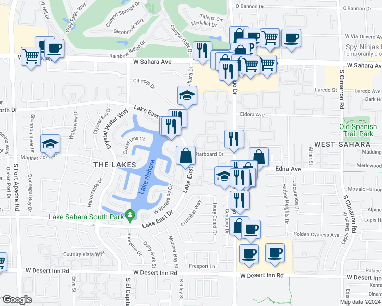map of restaurants, bars, coffee shops, grocery stores, and more near 56 Lake East Drive in Las Vegas