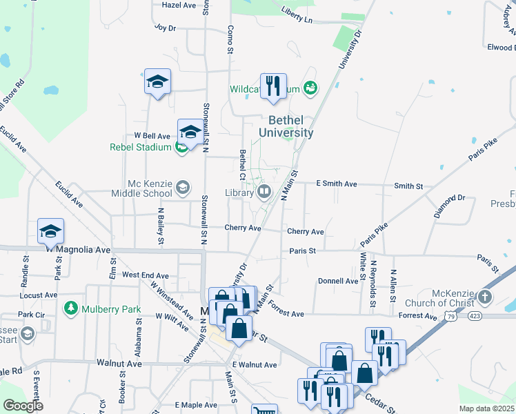 map of restaurants, bars, coffee shops, grocery stores, and more near 325 Cherry Avenue in McKenzie