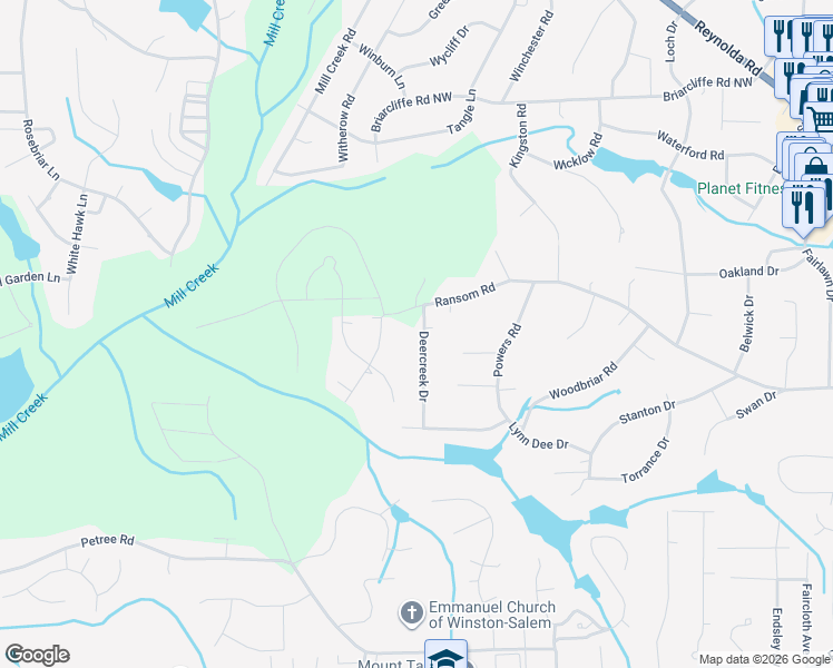 map of restaurants, bars, coffee shops, grocery stores, and more near 2544 Deercreek Drive in Winston-Salem