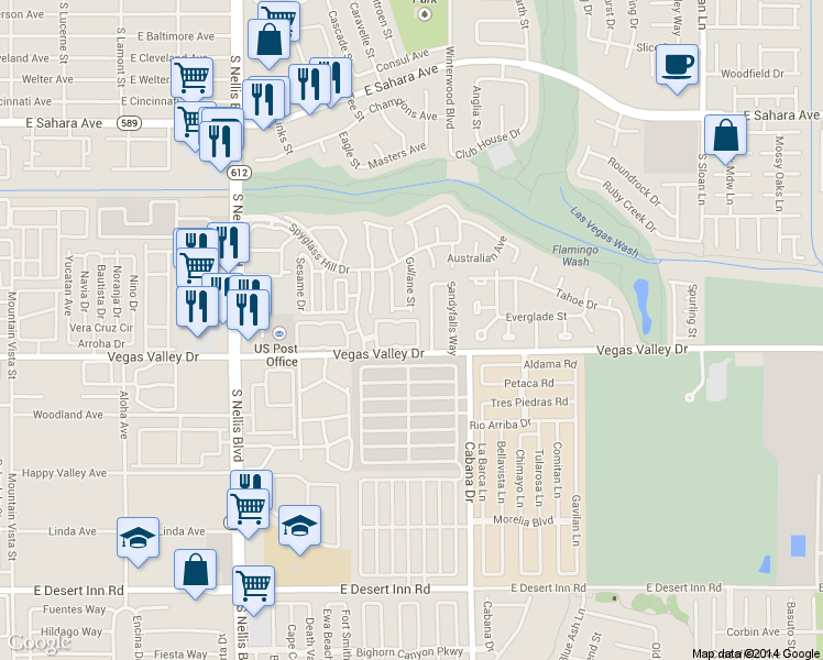 map of restaurants, bars, coffee shops, grocery stores, and more near 2970 Juniper Hills Boulevard in Las Vegas