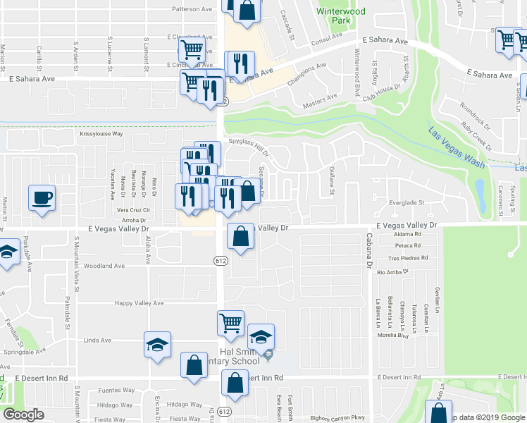 map of restaurants, bars, coffee shops, grocery stores, and more near 5070 East Vegas Valley Drive in Las Vegas