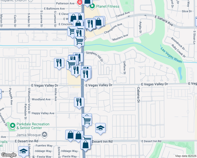 map of restaurants, bars, coffee shops, grocery stores, and more near 5070 East Vegas Valley Drive in Las Vegas