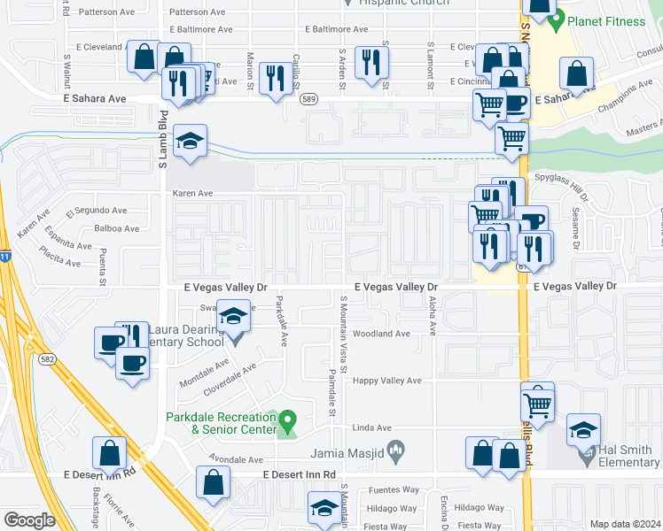map of restaurants, bars, coffee shops, grocery stores, and more near 2841 Wheelwright Drive in Las Vegas