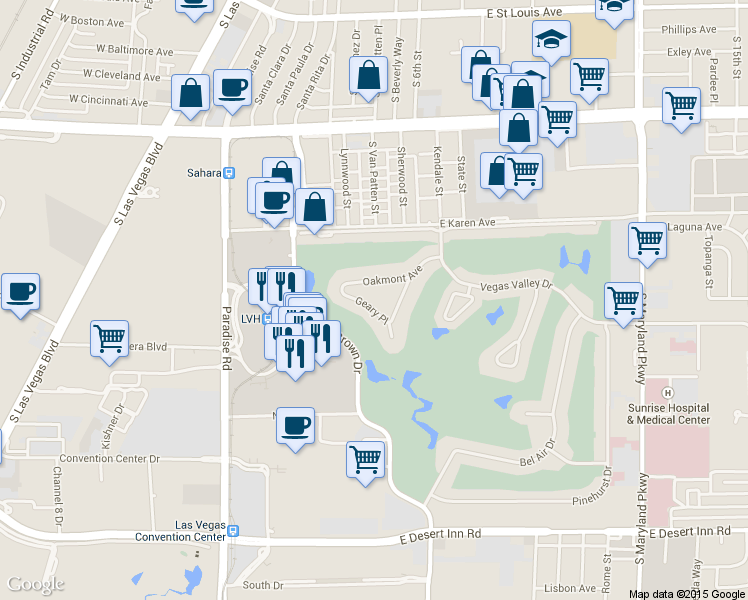 map of restaurants, bars, coffee shops, grocery stores, and more near 639 Oakmont Avenue in Las Vegas