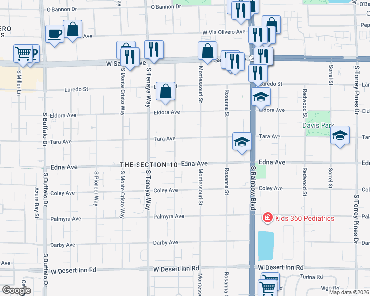 map of restaurants, bars, coffee shops, grocery stores, and more near 7195 Tara Avenue in Las Vegas