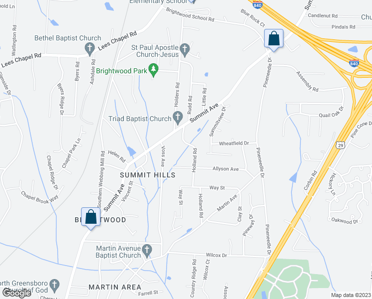 map of restaurants, bars, coffee shops, grocery stores, and more near 4515 Holland Road in Greensboro