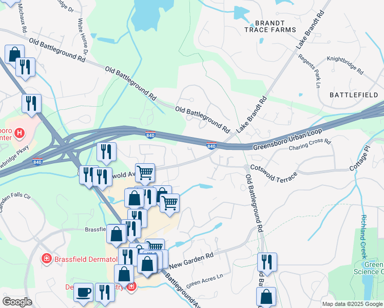 map of restaurants, bars, coffee shops, grocery stores, and more near 3700 Cotswold Avenue in Greensboro