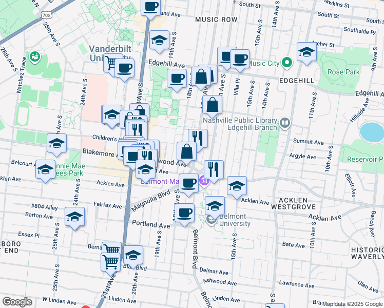 map of restaurants, bars, coffee shops, grocery stores, and more near 1611a 17th Avenue South in Nashville