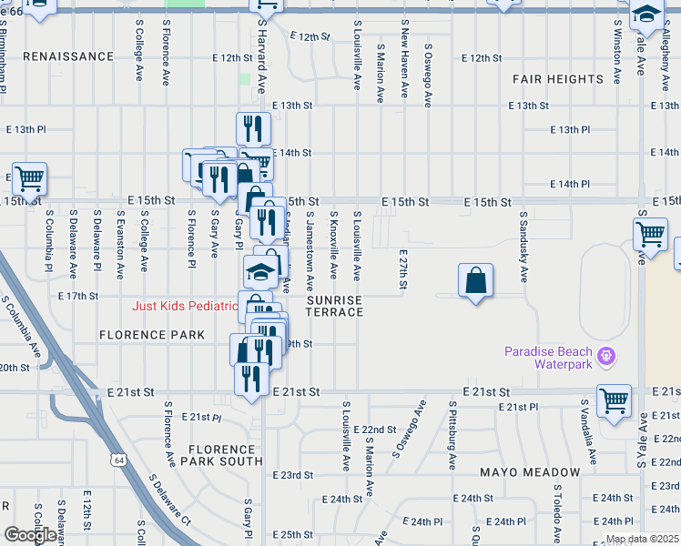 map of restaurants, bars, coffee shops, grocery stores, and more near 1621 South Knoxville Avenue in Tulsa