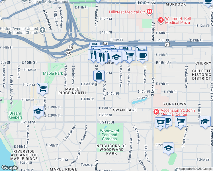 map of restaurants, bars, coffee shops, grocery stores, and more near 1322 East 17th Street in Tulsa