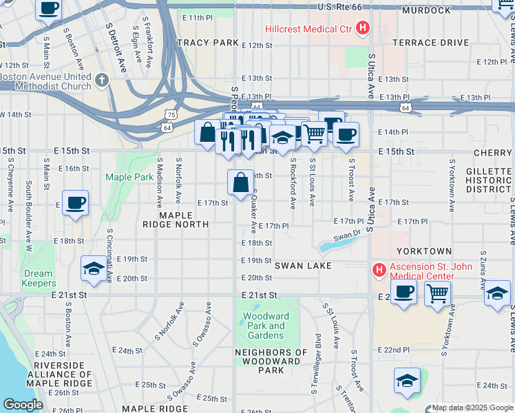 map of restaurants, bars, coffee shops, grocery stores, and more near 1322 East 17th Street in Tulsa