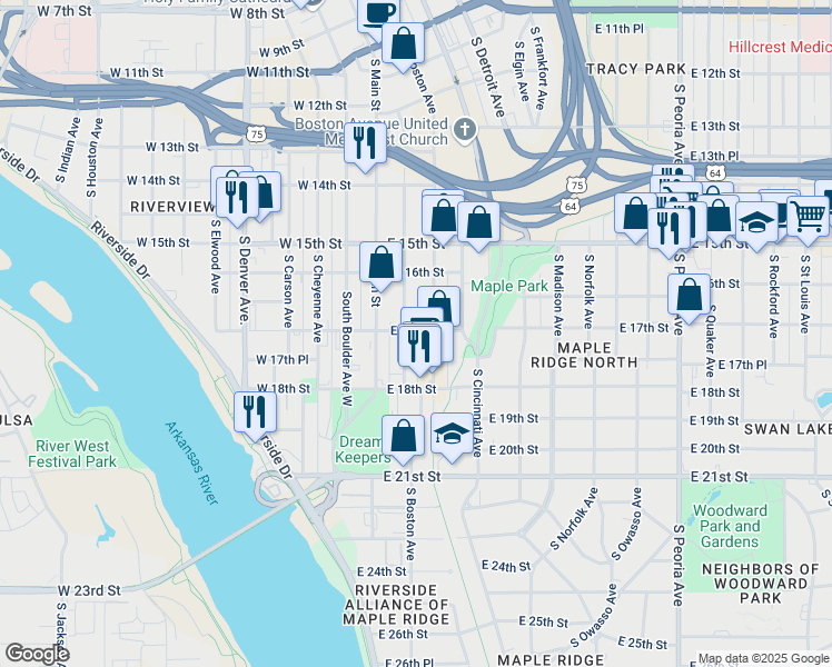 map of restaurants, bars, coffee shops, grocery stores, and more near 1648 South Baltimore Avenue in Tulsa