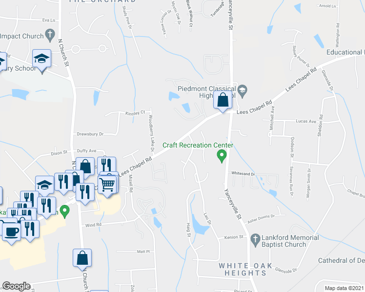 map of restaurants, bars, coffee shops, grocery stores, and more near 1362 Lees Chapel Road in Greensboro