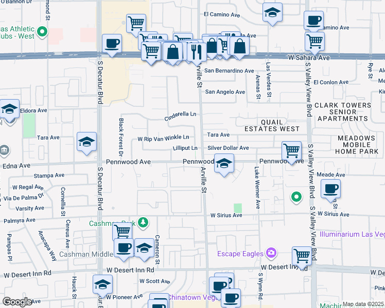 map of restaurants, bars, coffee shops, grocery stores, and more near 4500 Pennwood Avenue in Las Vegas