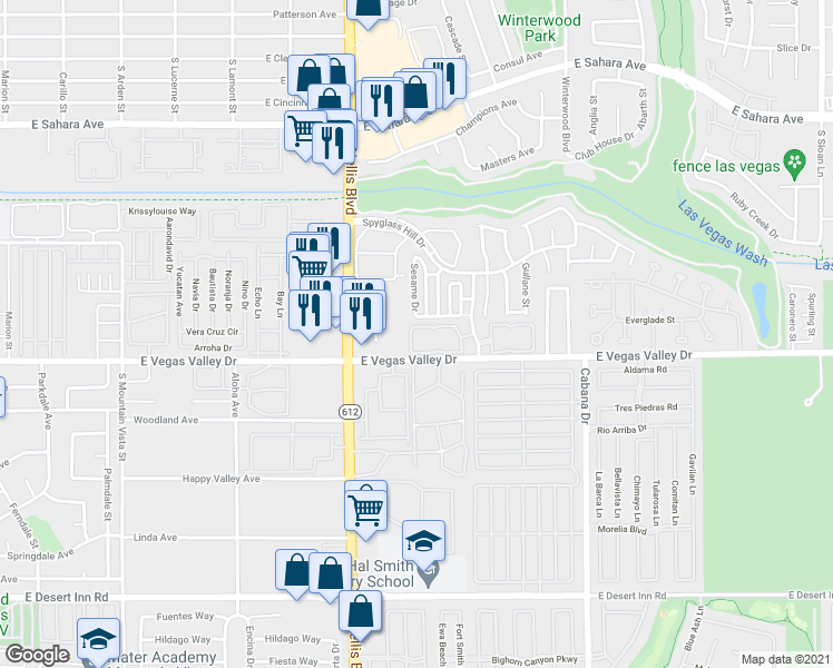 map of restaurants, bars, coffee shops, grocery stores, and more near 5070 East Vegas Valley Drive in Las Vegas