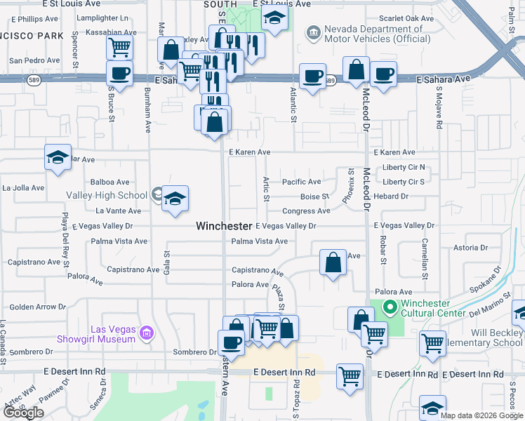 map of restaurants, bars, coffee shops, grocery stores, and more near 2853 Artic Street in Las Vegas