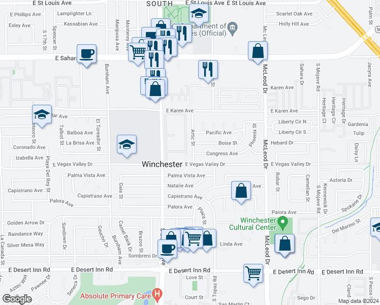 map of restaurants, bars, coffee shops, grocery stores, and more near 2853 Artic Street in Las Vegas