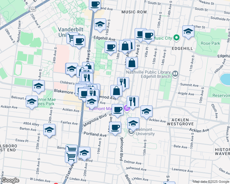 map of restaurants, bars, coffee shops, grocery stores, and more near 1611a 17th Avenue South in Nashville