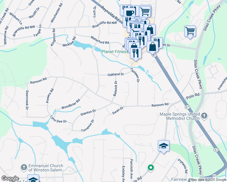 map of restaurants, bars, coffee shops, grocery stores, and more near 2640 Belwick Drive in Winston-Salem