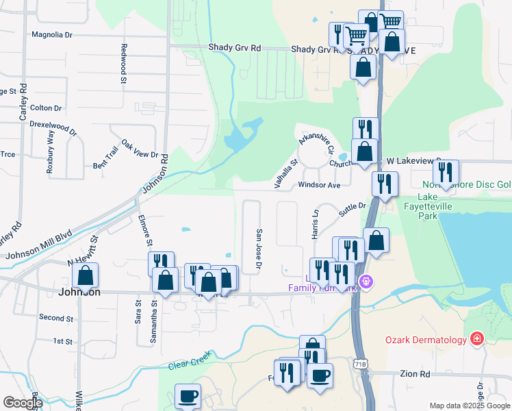 map of restaurants, bars, coffee shops, grocery stores, and more near 126 San Jose Drive in Springdale