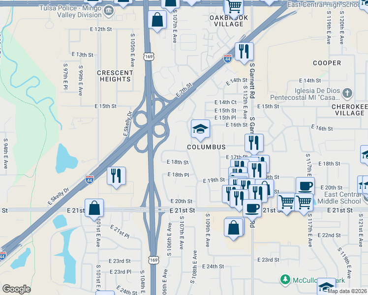 map of restaurants, bars, coffee shops, grocery stores, and more near 1627 South 107th East Avenue in Tulsa