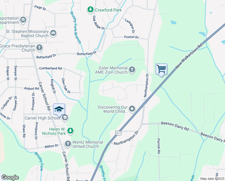 map of restaurants, bars, coffee shops, grocery stores, and more near 3936 Cottington Drive in Winston-Salem