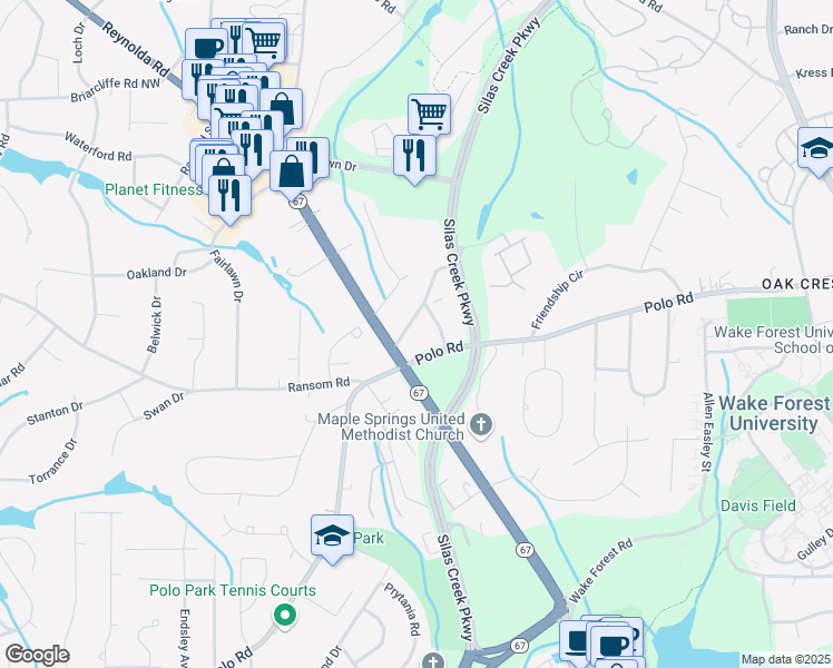 map of restaurants, bars, coffee shops, grocery stores, and more near 2601 Reynolda Road in Winston-Salem