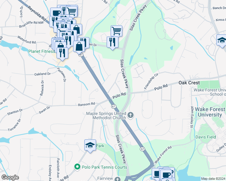 map of restaurants, bars, coffee shops, grocery stores, and more near 2601 Reynolda Road in Winston-Salem