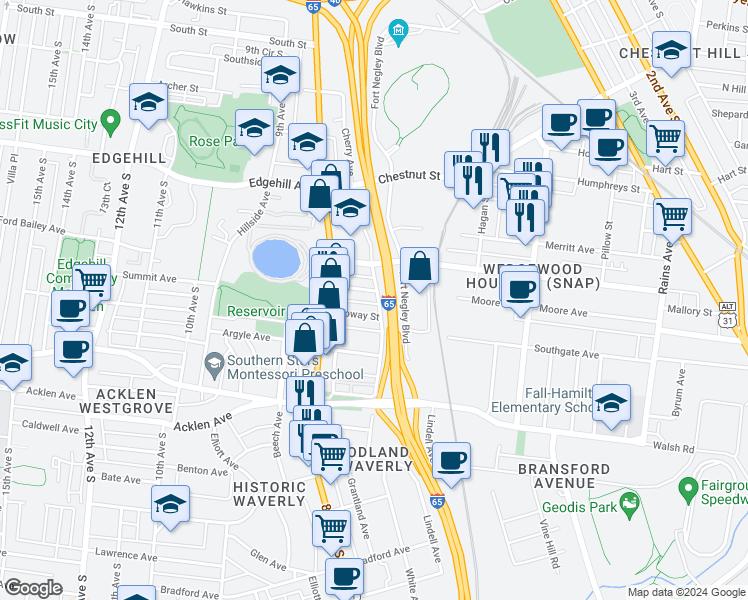 map of restaurants, bars, coffee shops, grocery stores, and more near 747 Lynwood Avenue in Nashville