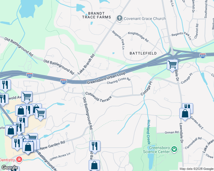 map of restaurants, bars, coffee shops, grocery stores, and more near 3523 Charing Cross Road in Greensboro