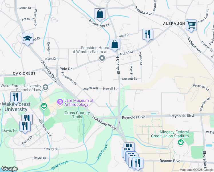 map of restaurants, bars, coffee shops, grocery stores, and more near 704 Aspen Trail in Winston-Salem