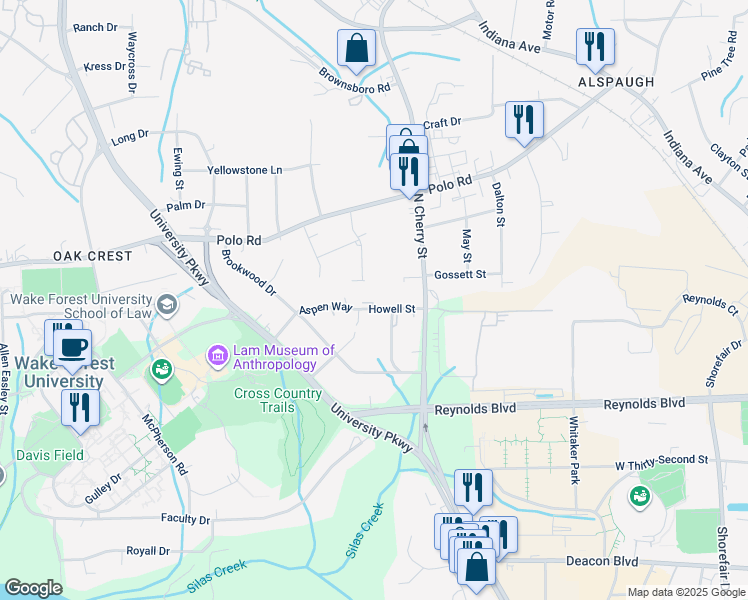 map of restaurants, bars, coffee shops, grocery stores, and more near Howell Street in Winston-Salem