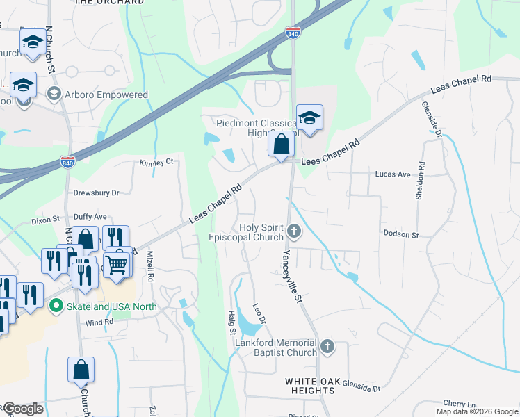map of restaurants, bars, coffee shops, grocery stores, and more near 147 Heritage Creek Way in Greensboro