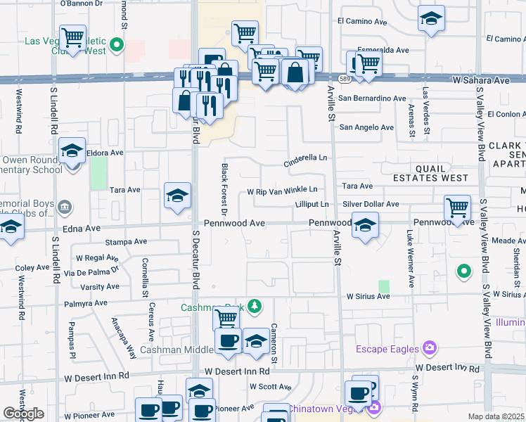 map of restaurants, bars, coffee shops, grocery stores, and more near 4629 Lilliput Lane in Las Vegas