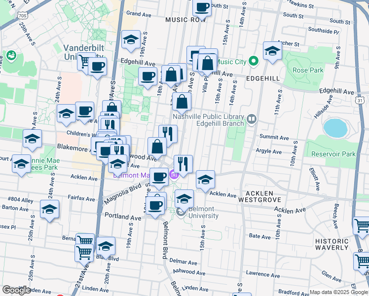 map of restaurants, bars, coffee shops, grocery stores, and more near 1613 16th Avenue South in Nashville