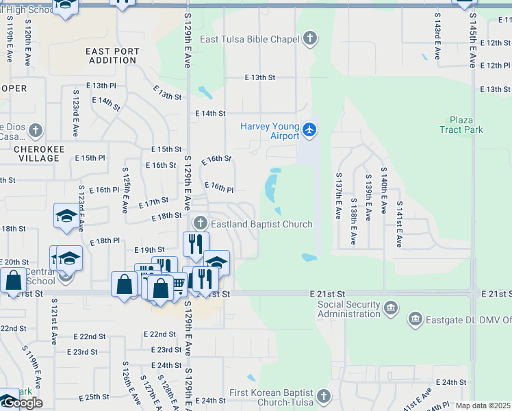 map of restaurants, bars, coffee shops, grocery stores, and more near 19 East 17th Court in Tulsa