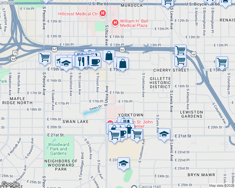 map of restaurants, bars, coffee shops, grocery stores, and more near 1701 South Victor Avenue in Tulsa