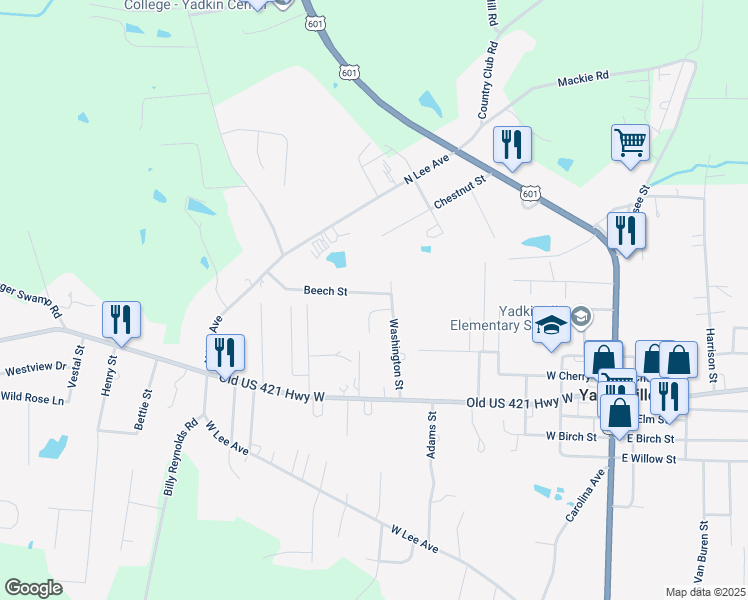 map of restaurants, bars, coffee shops, grocery stores, and more near 709 Beech St in Yadkinville